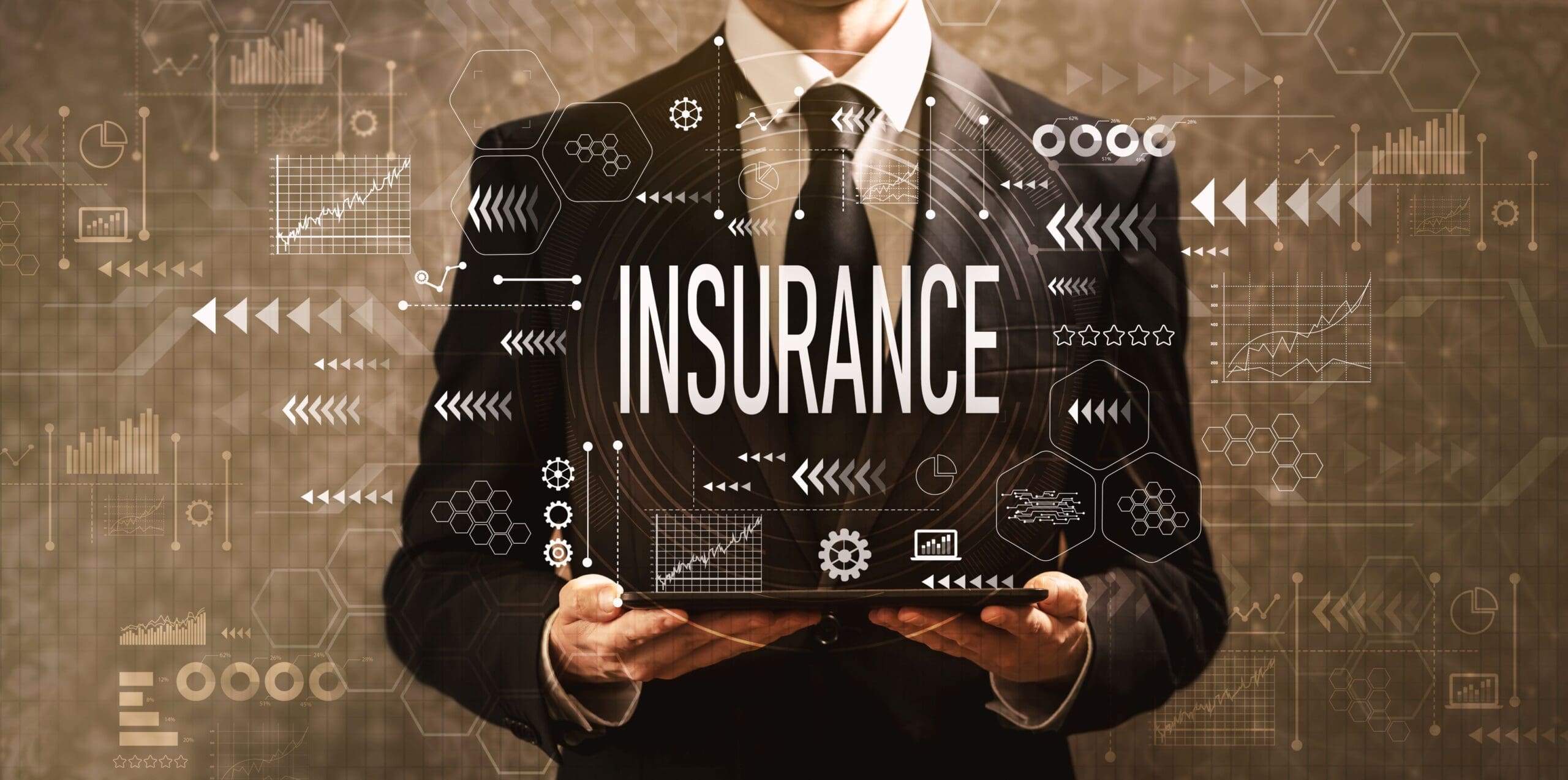 Man holding laptop on vintage background with Insurance Graphic overlay